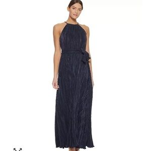 DKNY Embellished-Trim Pleated Halter Gown  belted gown dress navy size 6